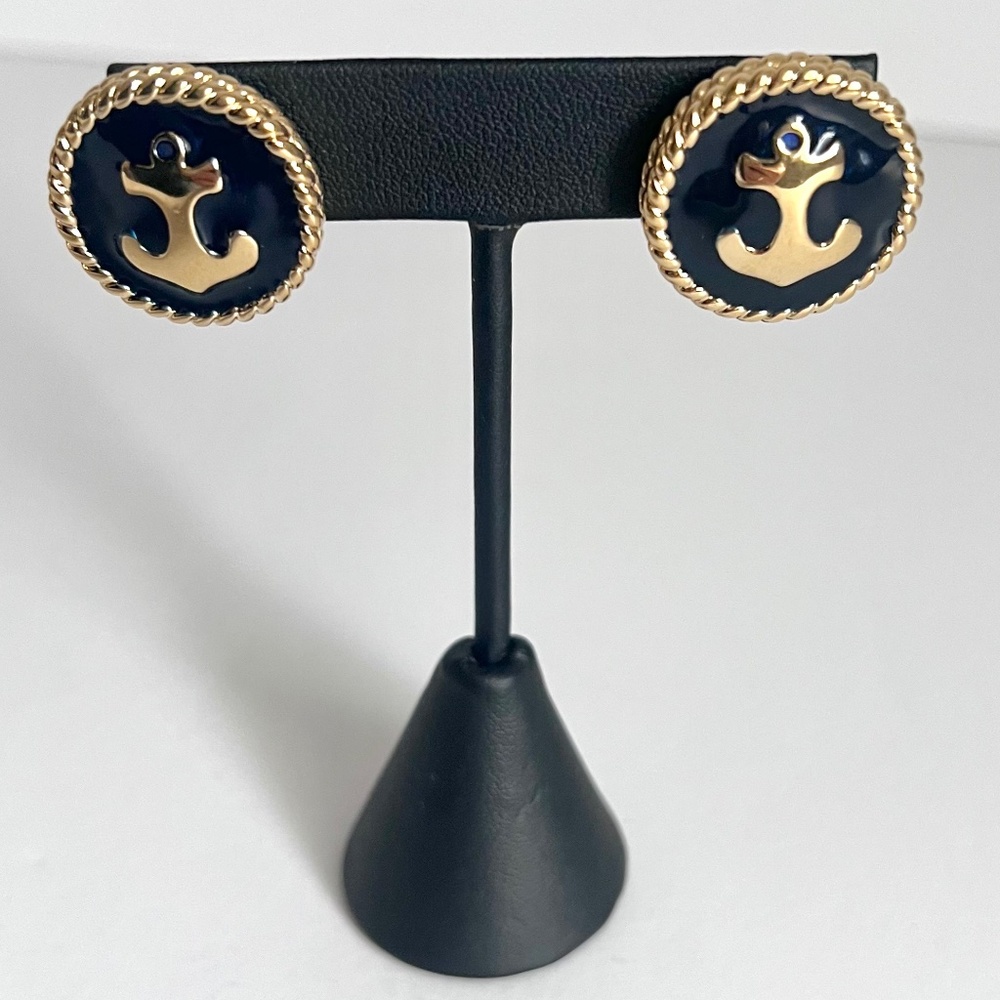 Trifari Shiny Gold and Enamel Post Back Anchor Earrings